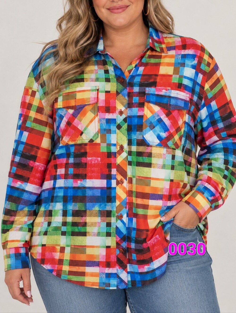 Plus Size Multicolor Plaid Button-Up Shirt - Bright Colorful Shirt Size XL